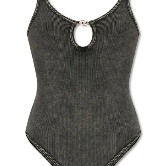 Diesel Ufby-D-Oval-Cotton-Rib-Bodysuit Gray Bodysuit with Keyhole Cutout - Picture 2 of 5